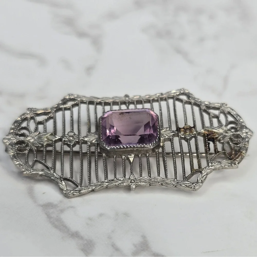 Antique Art Deco Sterling Silver Filigree Purple Crystal Bar Brooch CKB Pin 5.5g